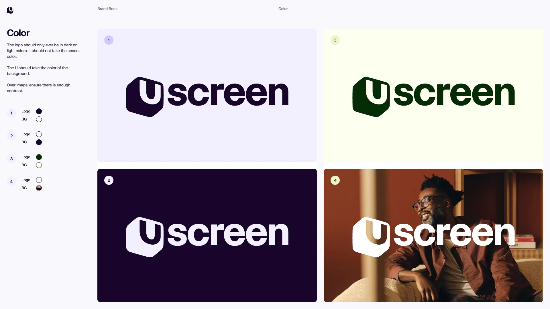 Uscreen brand book page showing approved logo color treatments