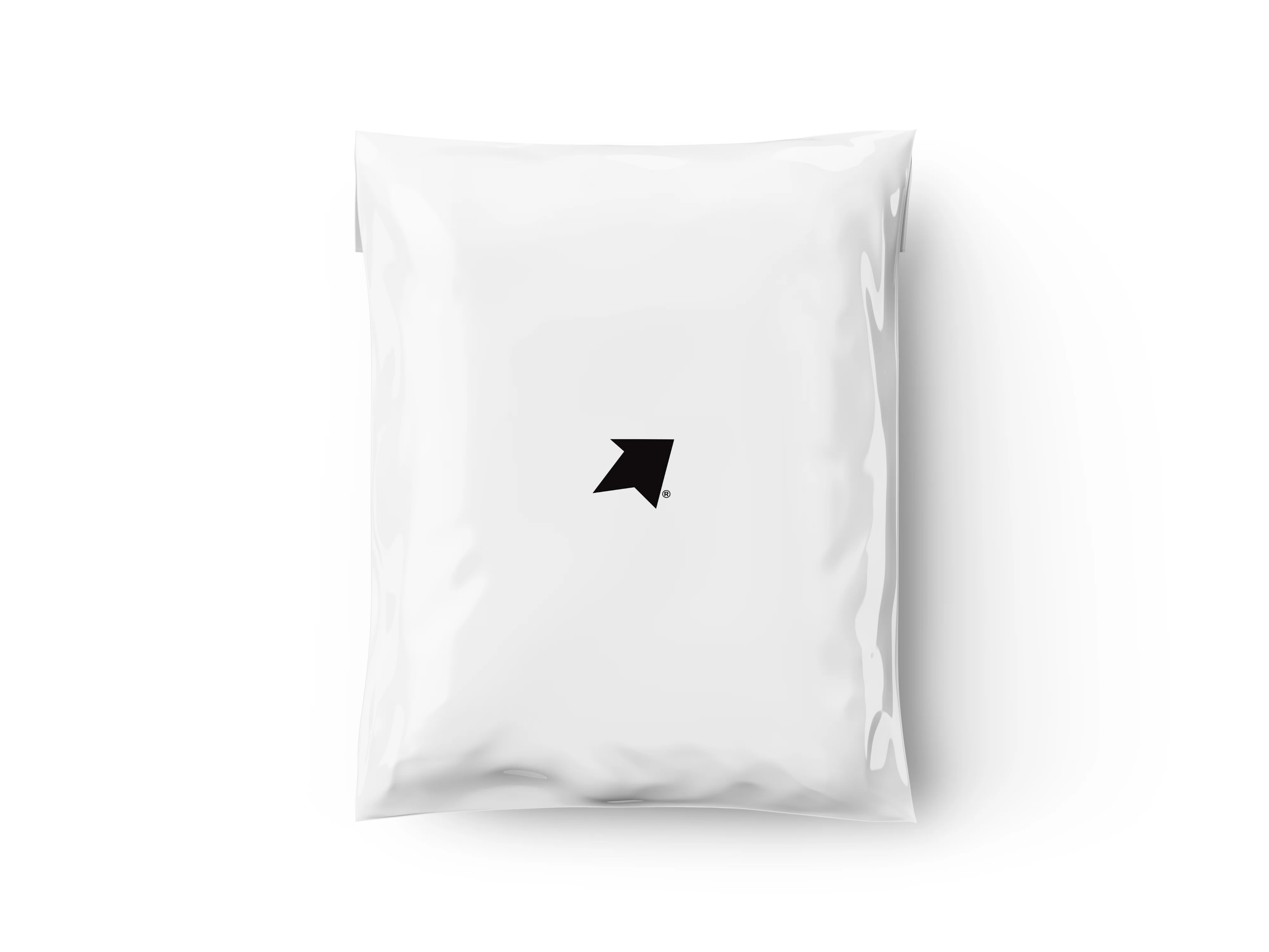 White product pouch mockup with a black angular arrow mark