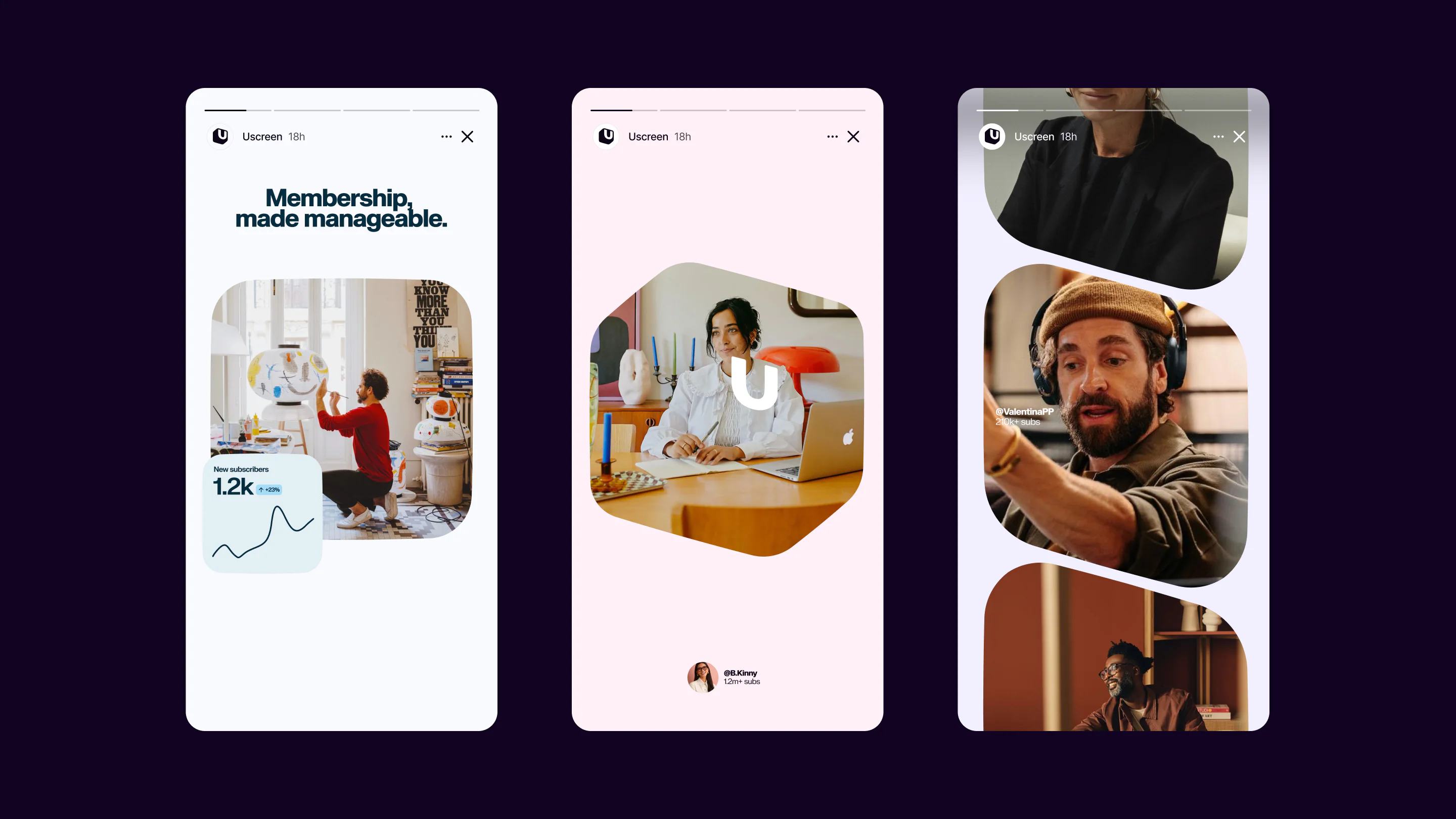 Three Uscreen social story designs on dark purple