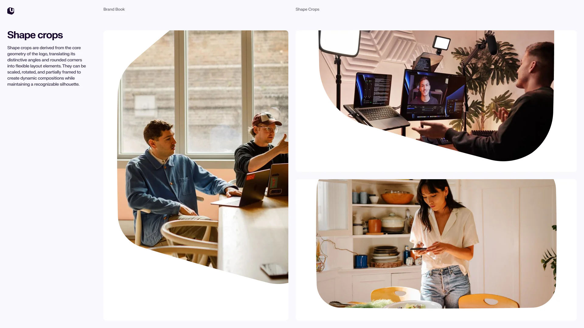 Uscreen brand book page showing shape crops with creator photography