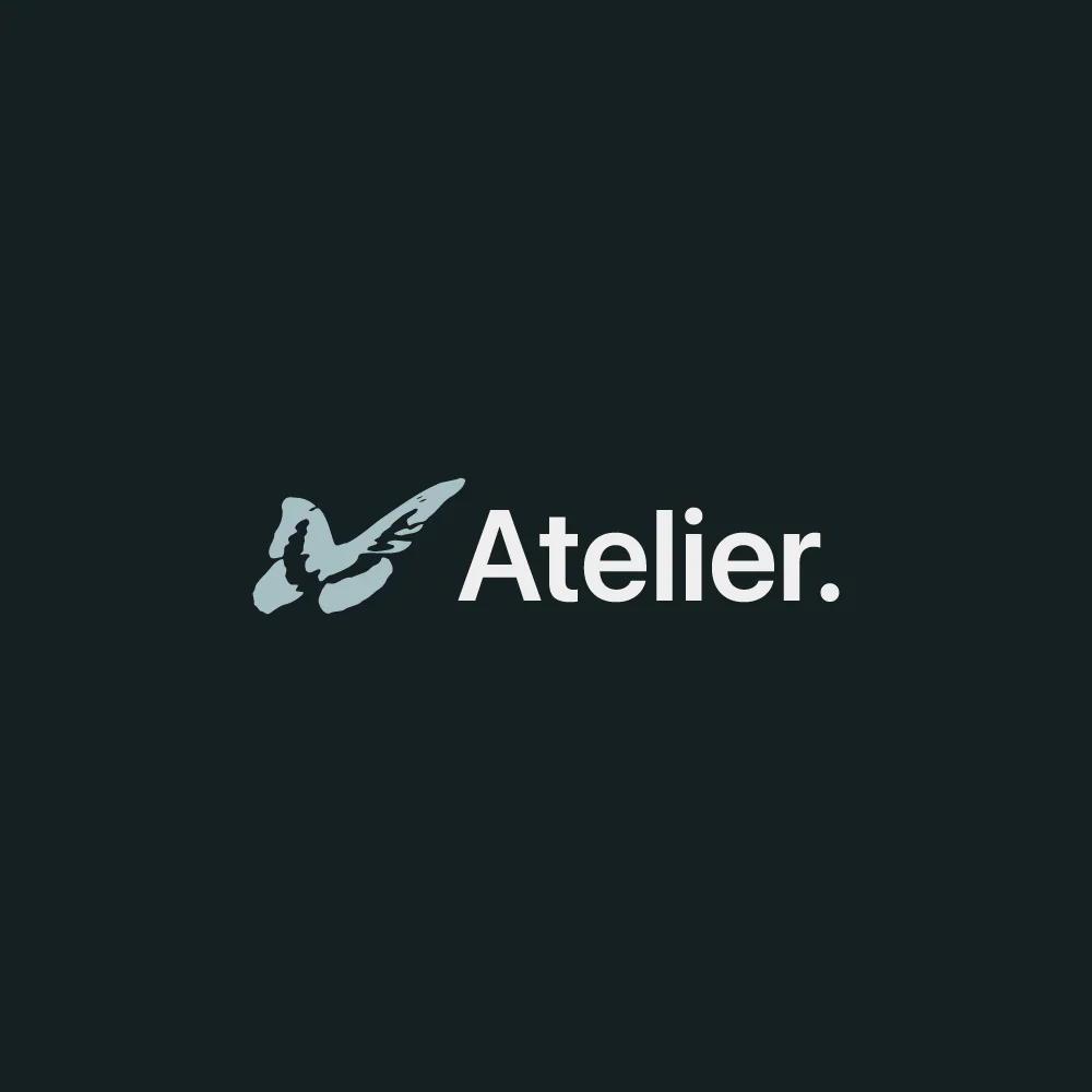 White Atelier logo on a dark green background