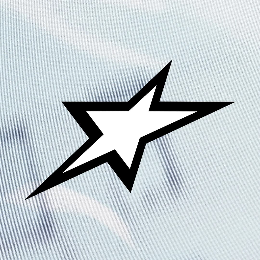 Black outlined angular star on a pale abstract background