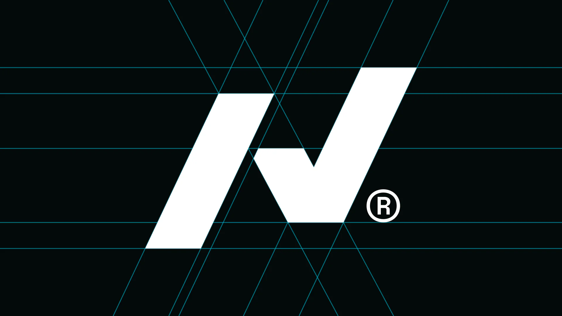 White angular monogram on a dark construction grid