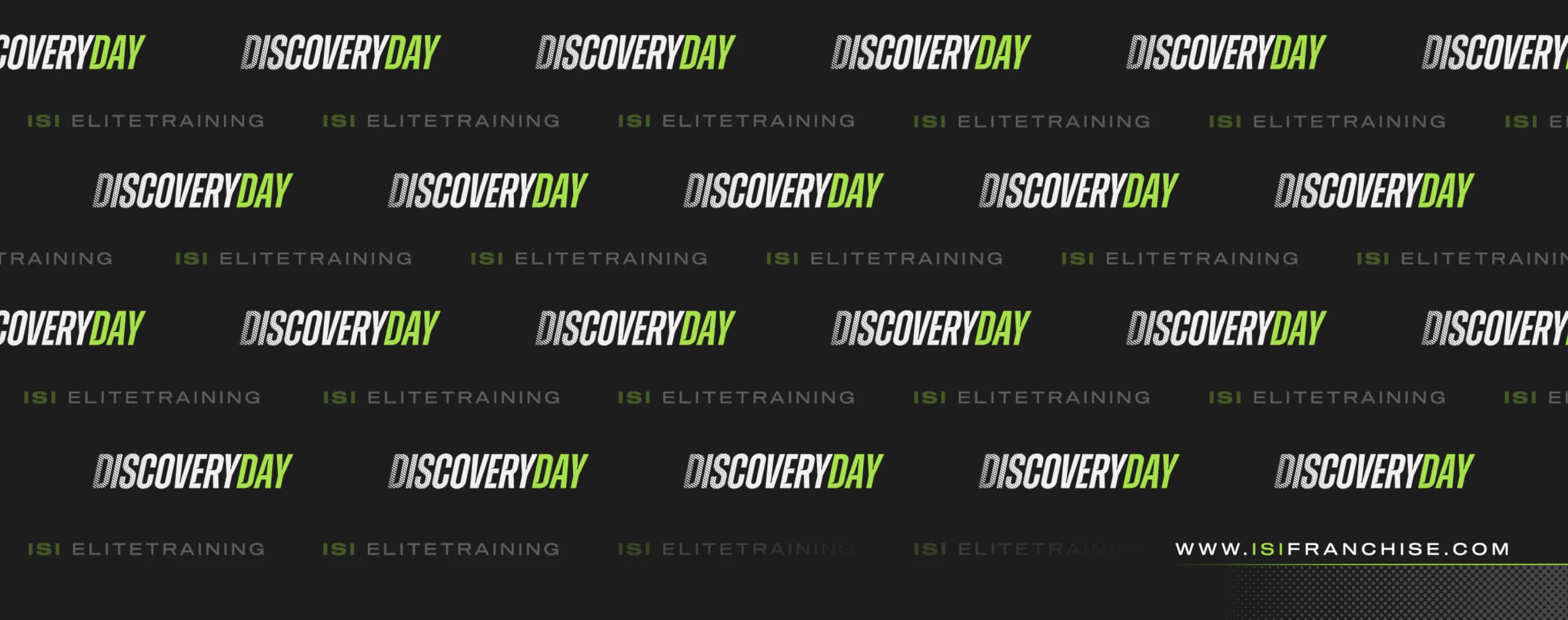 Discovery Day repeated word pattern on dark gray
